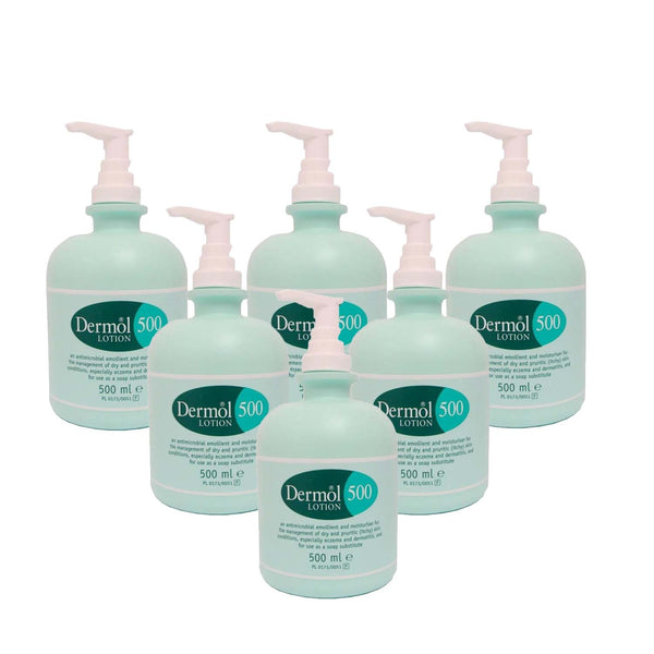 Six Dermol 500 Lotion Six Pack X6 (500ml) pump bottles by Dermol are arranged in two rows. Each bottle provides antibacterial, moisturizing lotion, suitable for soothing eczema and dry skin.