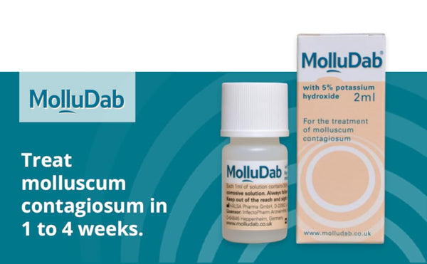 An image displays the Molludab Molluscum Solution (2ml), featuring a small bottle labeled Molludab next to its box. Text states, Treat molluscum contagiosum in 1 to 4 weeks, and the box notes it contains a 5% potassium hydroxide solution.