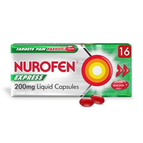 The Nurofen Express 200mg Liquid Capsules box, featuring two red capsules and a yellow-red target design, emphasizes Fast Pain Relief. Its an Ibuprofen product by Nurofen with the slogan Targets Pain Fast and contains 16 capsules.