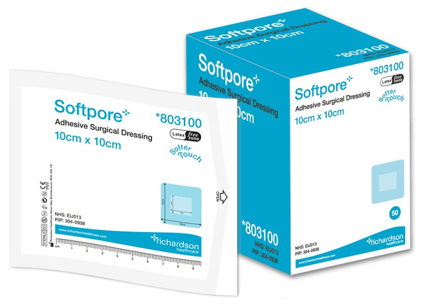 The Softpore Dressing Pack of 50 (10cm x 10cm) is shown with its blue and white box, labeled Latex Free and bearing the Richardson Healthcare logo. A flat dressing packet beside it highlights its breathable structure for optimal comfort.