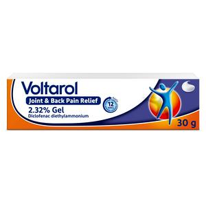 The image shows Voltarol Joint & Back Pain Relief Gel 2.32% in a 30g box, designed for effective joint and back pain relief with its white packaging featuring orange and blue accents and a person-in-motion graphic, ideal for on-the-go use.