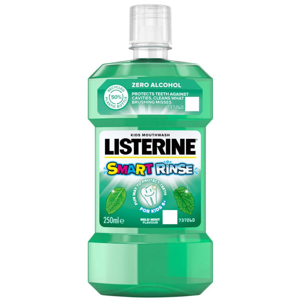 Listerine Smart Rinse Mouthwash Mild Mint for Kids (250ml) is a green liquid in a clear bottle, featuring zero alcohol, cavity protection, and dental hygiene benefits—specially designed by Listerine for children.