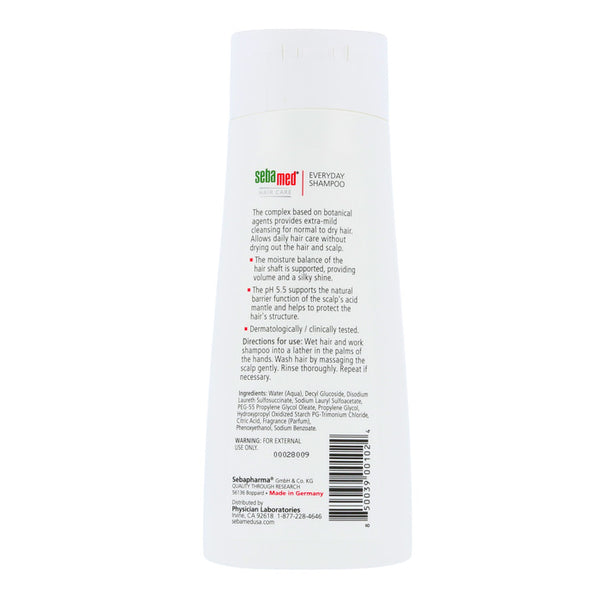 Sebamed Shampoo 200ml for everyday use features a pH 5.5 balance and is dermatologically tested to maintain moisture in sensitive scalps. It includes product benefits, ingredients, and usage instructions, making it perfect for daily care of healthy, dandruff-free hair.