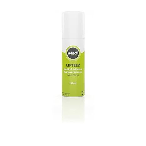 A 50ml aerosol can of Lifteez Adhesive Remover Spray by Medi is displayed, featuring a white cap and bright green label with white and black text. Its described as non-sting, pain-free, and skin-friendly—ideal for gently releasing adhesive bonds.