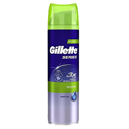 The Gillette Series Sensitive Shaving Gel for Men (200ml) features a comfort glide formula with a green cap, showcasing its 3X action. Its blue and green label highlights anti-irritation, moisturizing properties, and a water drop icon—perfect for sensitive skin.