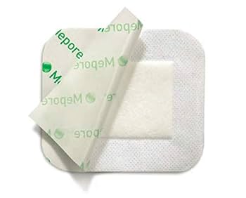 The Mepore Sterile Adhesive Dressing 9cm x 10cm (Pack of 50) features a white absorbent pad in the center and a partially peeled corner to show the adhesive side. Brand: Mepore.