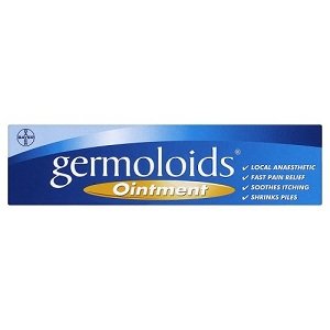 Germoloids Ointment (25ml) box has a blue and white design highlighting features like local anaesthetic, fast pain relief, soothing anal itching, and shrinking haemorrhoids. It contains Zinc Oxide for added skin protection.