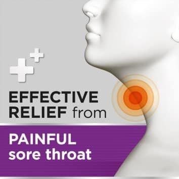 A persons neck illustration features target-like circles for pain. Text states: Sore Throat Relief with Strepsils Extra, emphasizing Strepsils Extra Triple Action Blackcurrant Lozenges (24) for effective relief against sore throat, on a gray and purple background.