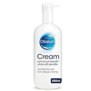 The 500ml Oilatum Eczema Dry Skin Emollient Cream is a white pump bottle with blue text, containing light liquid paraffin and white soft paraffin, designed to soothe eczema-prone dry skin and relieve itching.