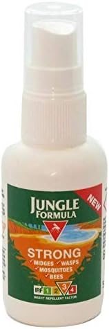 The Jungle Formula Strong Insect Repellent Pump (60ml) features a white bottle offering powerful protection against mosquitoes, midges, wasps, and bees. The label has a green background with orange accents and a striking red new tag.