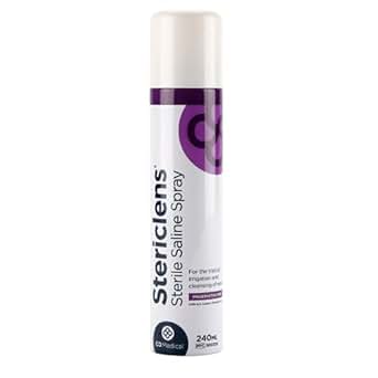 The 240ml Stericlens Sterile Saline Preservative Free Spray features a white design with purple accents and cap. Ideal for wound cleansing, its a must-have for first aid kits.