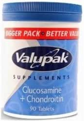 Valupak offers a 90-tablet container of Glucosamine & Chondroitin for joint support with Bigger Pack - Better Value highlighted on blue packaging, perfect for those seeking enhanced joint health.