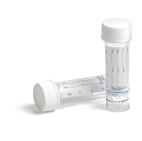 Two clear 20ml urine sample bottles are shown with white screw-on lids; one stands upright while the other lies on its side, both featuring measurement markings and Noondl branding. Made from leak-proof polypropylene, these bottles are ideal for collecting samples. The background is plain white.