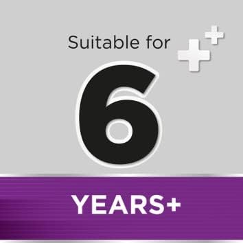 A gray and purple label with a large black 6 and bold white text reading Suitable for 6 Years+ indicates age suitability, making it perfect alongside Strepsils Extra Triple Action Blackcurrant Lozenges (24) for sore throat relief.