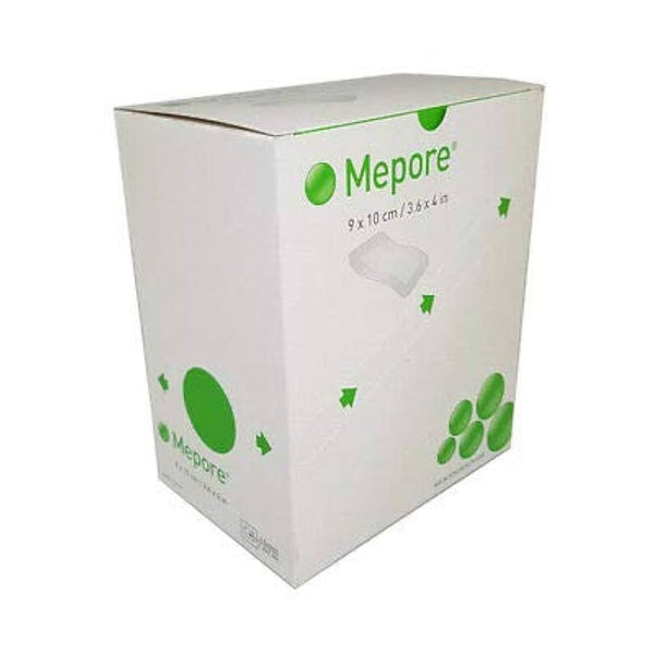 A white box of Mepore Sterile Adhesive Dressing 9cm x 10cm (Pack of 50) by Mepore features green text, dots, and arrows on its wound dressing design.