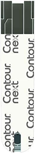 A vertical image of a Contour Next T/Strip, crucial for diabetes care. The strip is mainly white with a green patch on top, featuring the Contour brand name, emphasizing its function in precise blood glucose monitoring.