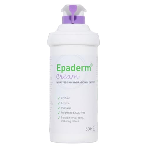 Epaderm Cream - 500g, in a white bottle with a purple pump, is ideal for easing dry skin and safe for all ages. This fragrance and SLS-free emollient suits eczema and psoriasis care.