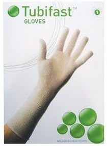 A box of Tubifast Glove M/L Adult (One Pair) for eczema protection highlights a white glove on a hand, featuring green circles and the number 1. The packaging is mainly white with vibrant green accents.