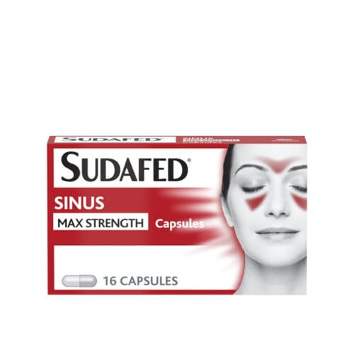 The Sudafed Sinus Max Strength Capsules (16s) box features a womans face with highlighted sinus areas and offers effective pain relief.