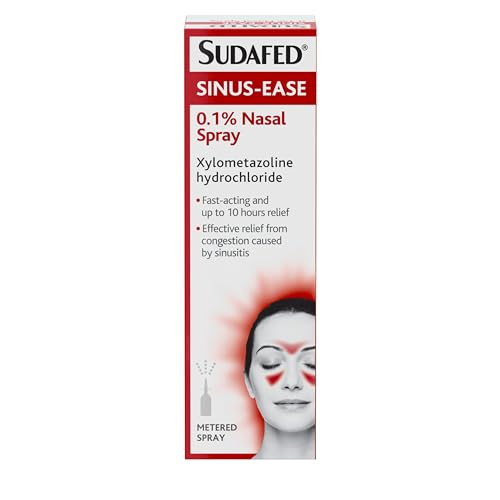 Image of a Sudafed Sinus Ease Nasal Spray (15 ml) box, highlighting xylometazoline hydrochloride for fast sinus congestion relief and up to 10-hour comfort from sinusitis, with a face diagram showing affected areas.