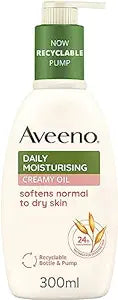 Aveeno Moisturising Creamy Oil (300ml) features a recyclable pump and is enriched with sweet almond oil. Its label showcases a fast-absorbing formula that softens normal to dry skin and contains colloidal oat.