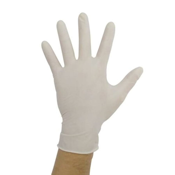 A raised hand in a Safe and Sound Latex Glove (10 Gloves), shown against a plain white background, emphasizes the brand’s reliable protection and hygiene.