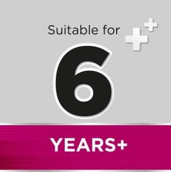 A gray label with Suitable for 6 years+ in black and white, features a magenta stripe at the bottom with YEARS+ in white, perfect for Strepsils Extra Triple Action Cherry Lozenges (24 Pack) offering soothing sore throat relief.