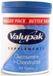 The Valupak Glucosamine & Chondroitin Tablets 90/Pk feature a blue and white package with a Bigger Pack - Better Value banner.