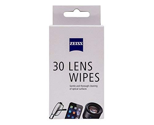 A white box of Zeiss Lens Wipes - (30 Wipes) displays images of glasses, a smartphone, and a camera lens, ideal for streak-free cleaning on all optical surfaces.