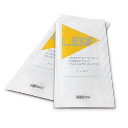 Two sachets of CliniMed LBF Barrier Film Foam Applicator (2ml x 5pcs) are shown. Each sachet has a yellow triangle and LBF text, with REF 3924 and REF 3824 visible, signifying advanced skin protection.