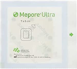 The image features Mepore Ultra Dressing (7cm x 8cm) from the brand Mepore in green and white packaging by Mölnlycke Health Care AB. A shower icon emphasizes its waterproof design for optimal wound protection and healing.