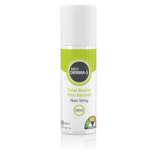 The 50ml Medi Derma-s Total Barrier Non Sting Film Aerosol by MEDI is a white can with green and black text, featuring a white cap and color-coded wheel icon. This silicone-based medical-grade liquid offers excellent protection without stinging.