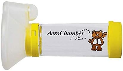 The AeroChamber Yellow Child with Mask by AeroChamber features a yellow and transparent design with a bear illustration. Designed for children, it assists proper inhaler use for respiratory conditions, and AeroChamber Plus is printed on the side.