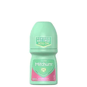 The Mitchum Advanced Women Anti-Perspirant & Deodorant (50ml) in a mint green container with a pink label offers a Powder Fresh scent that ensures all-day confidence with its Powerful Anti-Sweat promise.