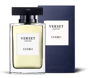 A bottle of Verset Cuero (100ml), a masculine fragrance with cardamom and amber notes, sits before its dark blue box. The rectangular bottle has a black cap, and both the box and bottle display the Verset brand and fragrance name.