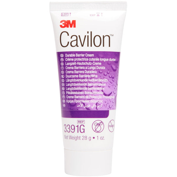The 28g Cavilon Durable Barrier Cream offers superior skin protection, featuring a white tube with purple accents and multilingual text. The product number 3391G ensures trusted moisturization in every use.