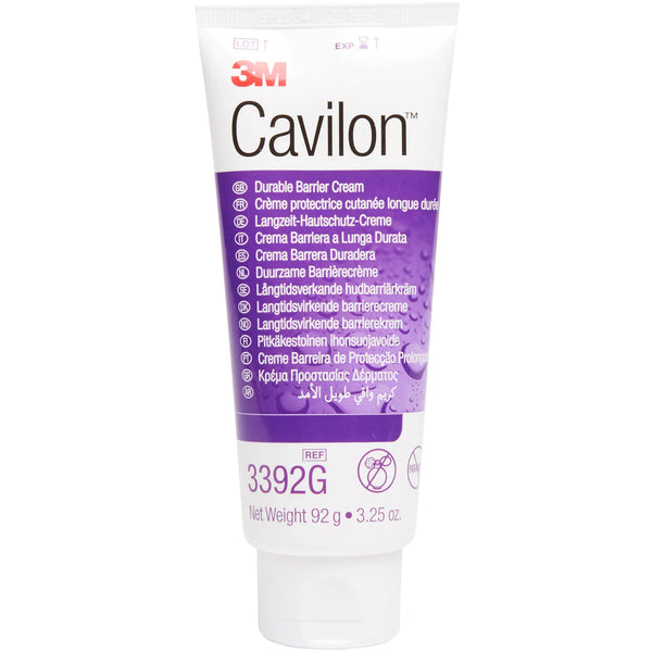 The image showcases a 92g tube of 3Ms Cavilon Durable Barrier Cream, highlighted for its skin protection with a white tube and purple label providing multilingual product details and emphasizing its moisturizing benefits.