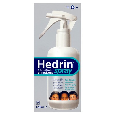 Hedrin 4% Lotion Spray (120ml) features a white bottle with a trigger nozzle. Its clinically proven, skin-friendly, odourless, and easy to apply. Contains dimeticone and no organo-phosphates. Images of children are displayed at the bottom of the packaging.