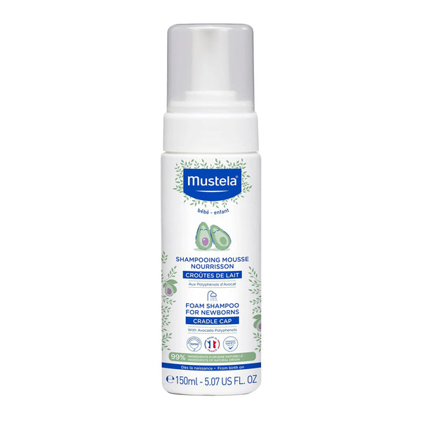 The MUSTELA Foam Shampoo For Cradle Cap - Newborns (150ml) is a white bottle with a pump, featuring blue and green accents. Its hypoallergenic formula is specially designed for infants and helps manage cradle cap.