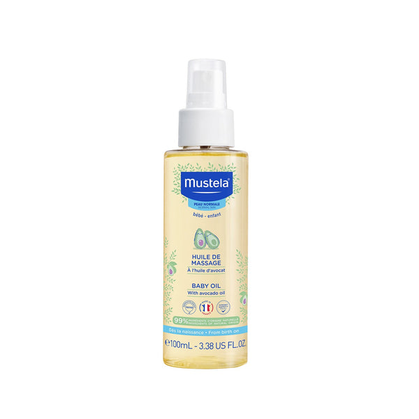 The Mustela Baby Oil, a 100ml soothing massage oil enriched with avocado oil, is designed for delicate skin. It features floral patterns on the label, is 99% natural, and has a spray top that dispenses its 3.38 US fl oz content for gentle care.