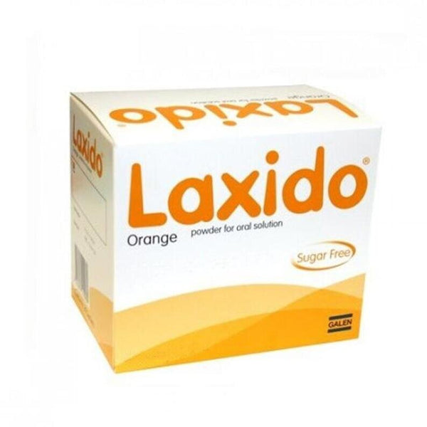 Laxido Orange Sugar Free (20 sachets) by Galen helps manage chronic constipation. The white and orange box features the Laxido name prominently in bold orange letters.