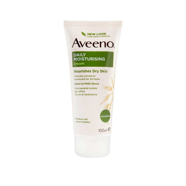 Aveeno Cream (100ml) by Aveeno, in a white tube with green and brown text and a leaf design, nourishes dry skin with natural colloidal oatmeal for 24-hour moisture. Its unscented and uses pre-biotic oat to enhance moisturizing skincare.