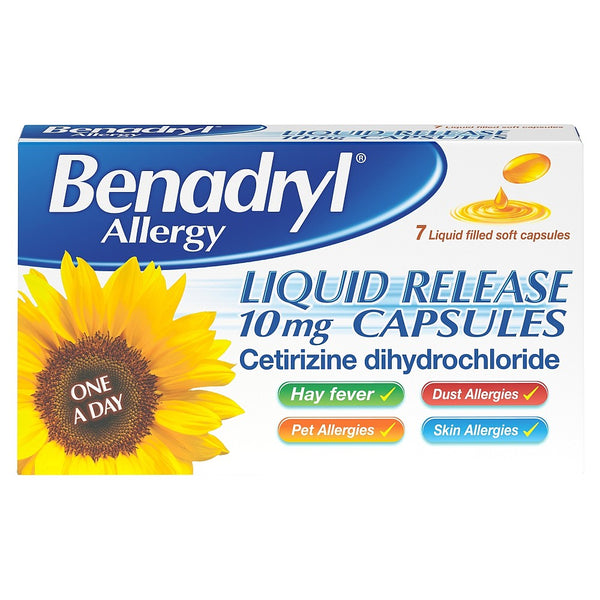 Benadryl Allergy Liquid Release 10mg features a box of 7 liquid-filled capsules with Cetirizine dihydrochloride for fast relief from hay fever, pet, dust, and skin allergies. It includes a sunflower image and One a Day text for easy dosage guidance.