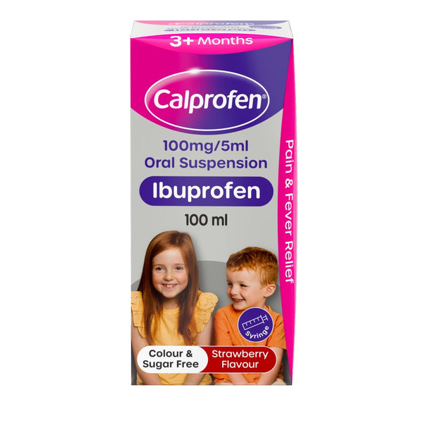 The Calprofen Oral Suspension packaging for children 3+ months features two smiling kids on a purple and gray box. It emphasizes 100mg/5ml Ibuprofen, promising effective pain relief. The suspension is strawberry-flavored, colorless, and sugar-free, perfect for gentle care.