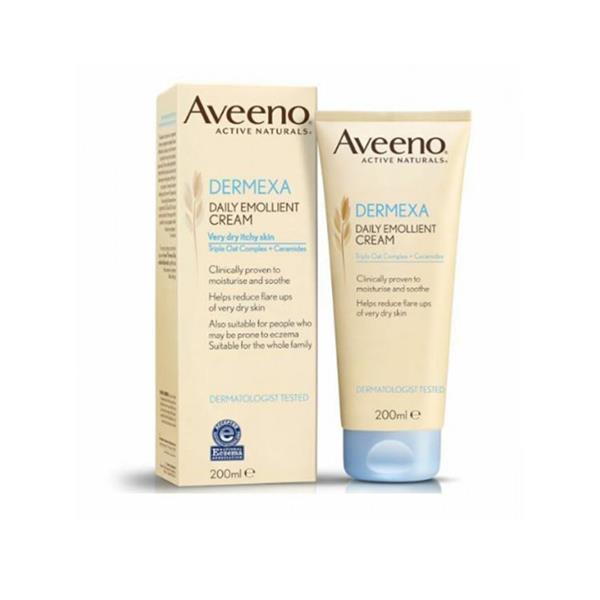 The Aveeno Dermexa Long Lasting Balm (75ml) features a calm beige design on its tube and box. Formulated for very dry, itchy skin, it includes Ceramides and Prebiotic Triple Oat Complex. Clinically proven and dermatologically tested for effectiveness.