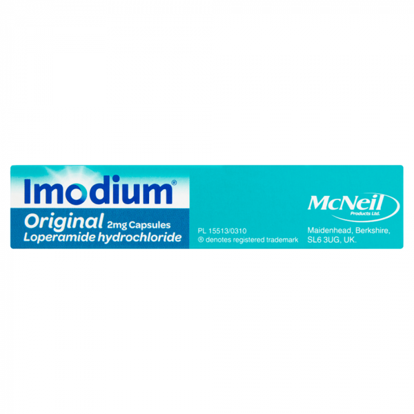 The image shows a blue and white box of Imodium Classic 2mg Capsules (12), highlighting loperamide hydrochloride as the key ingredient. It features McNeil Products Ltds branding with Maidenhead, Berkshire, UK details, focusing on its effectiveness in treating diarrhoea.