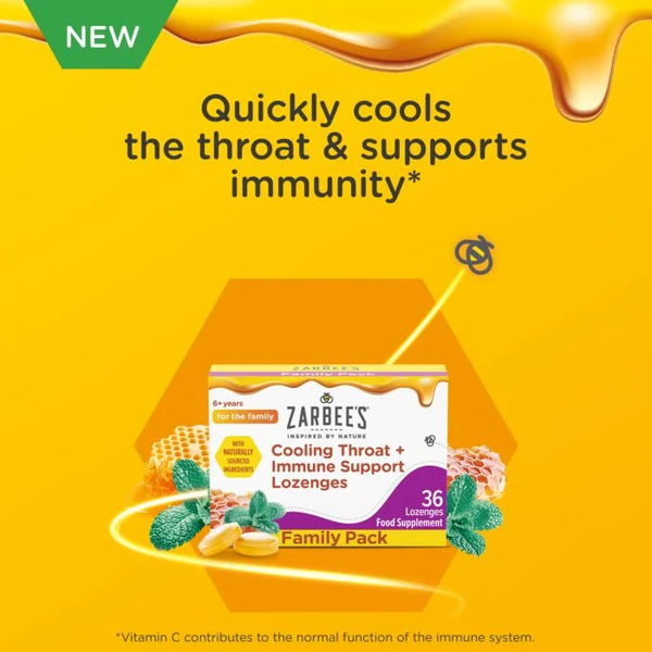 Zarbees Cooling Throat and Immune Support Lozenges (36 pack) are showcased for ages 6+, featuring honey and mint illustrations. The box emphasizes immune support with added Vitamin C for enhanced cooling relief.