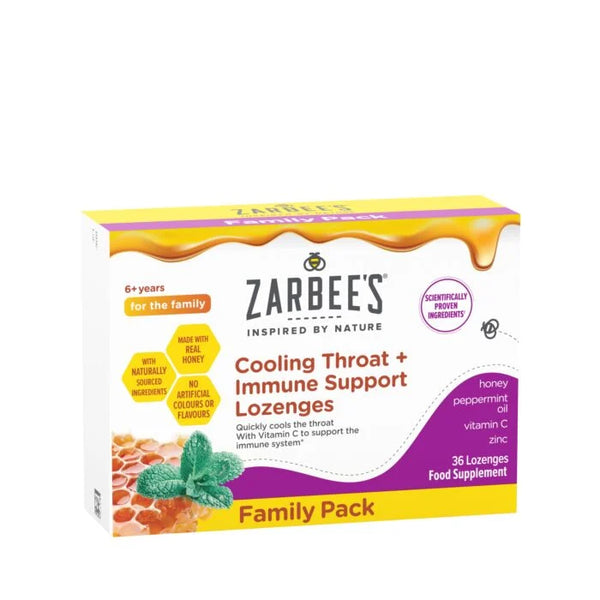 A box of Zarbees Cooling Throat and Immune Support Lozenges (36 pack) for ages 6+ contains lozenges with honey, peppermint oil, Vitamin C, and zinc. The packaging showcases a honeycomb design with mint leaves.