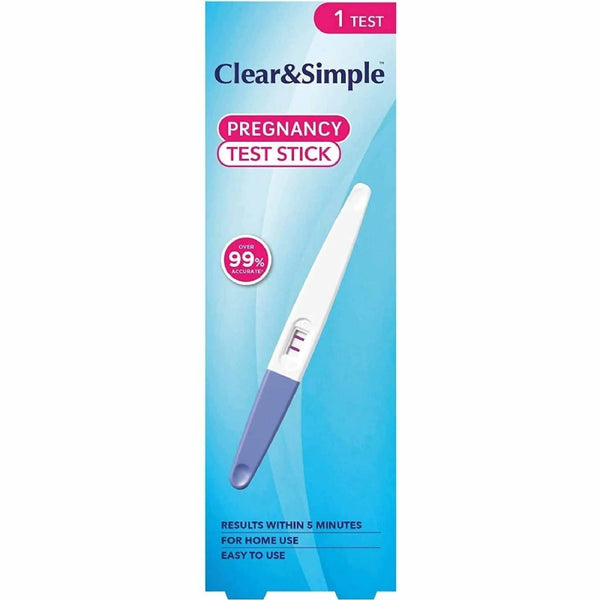 The Clear and Simple Pregnancy Test Stick (1 Test) box shows the test, detects hCG with over 99% accuracy, gives results in 5 minutes, and includes easy home instructions. The blue and purple design reflects Clear and Simple’s trusted reliability.