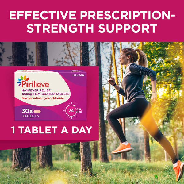 A woman in athletic wear runs through a park. Text reads, “Effective prescription-strength support.” An image of Haleon Pirilieve Hayfever Tablets (30s) highlights non-drowsy, 24-hour antihistamine relief and dosage information.